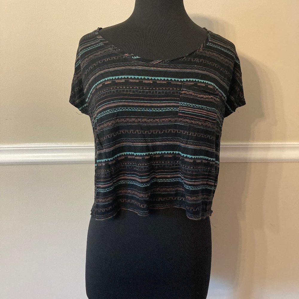 Loose Black Crop Top w/ Multicolor Pattern